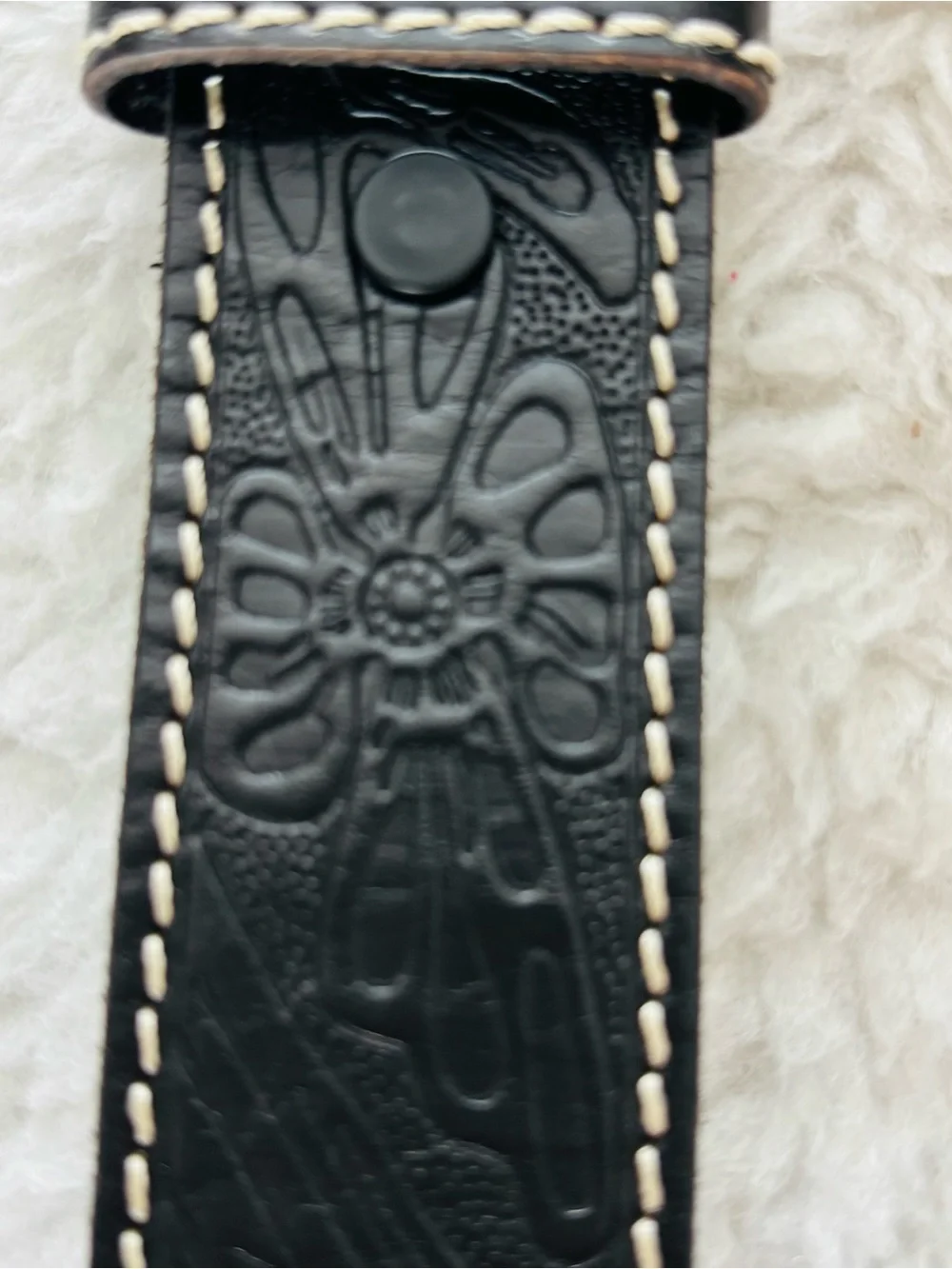Classic Black Embossed Leather Western Belt with Engraved Silver Buckle Sz 38